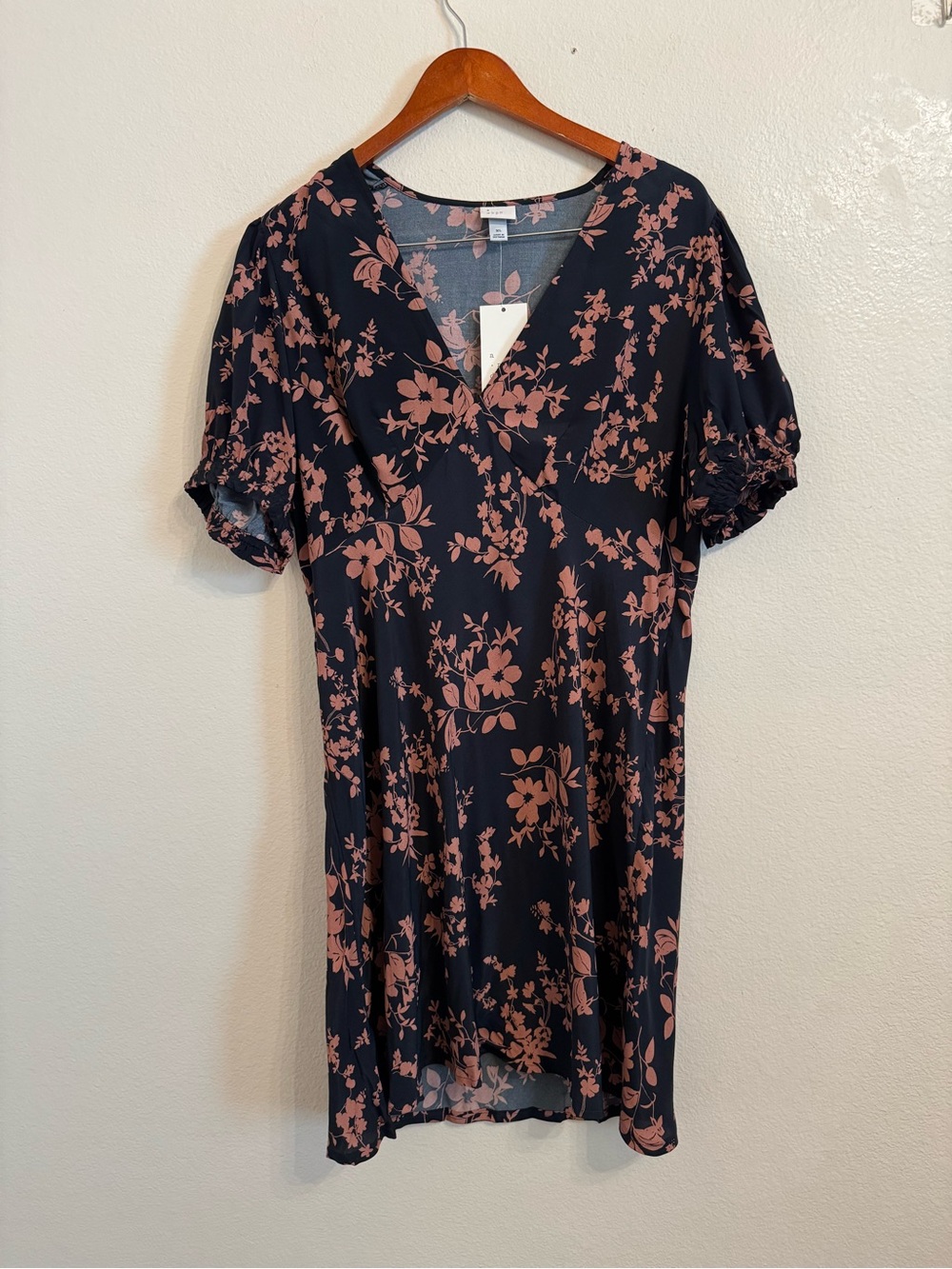 A New Day Black/Brown Floral Midi Dress V-Neck Short Sleeve